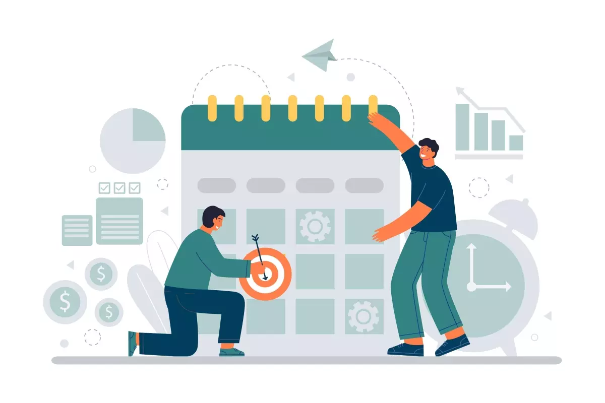 Ilustração de pessoas planejando um contrato intermitente, reforçando que esse tipo de contrato permite trabalhar em feriados, com elementos de gráficos e calendário ao fundo.