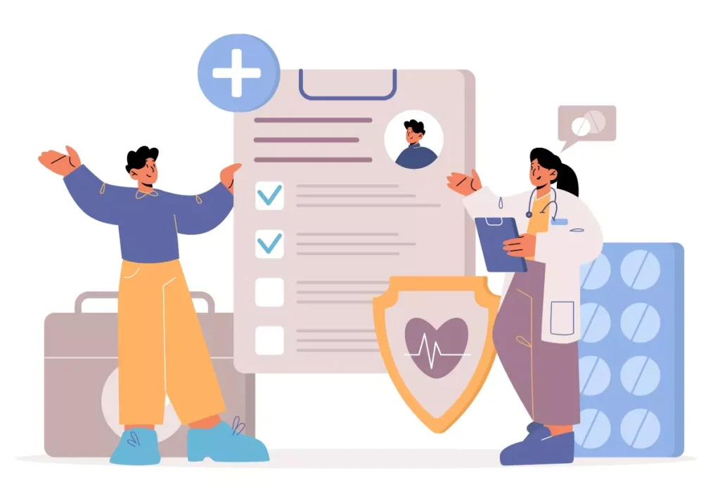 Ilustração sobre auxílio doença no contrato intermitente, mostrando profissionais de saúde e documento de laudo médico na temática.