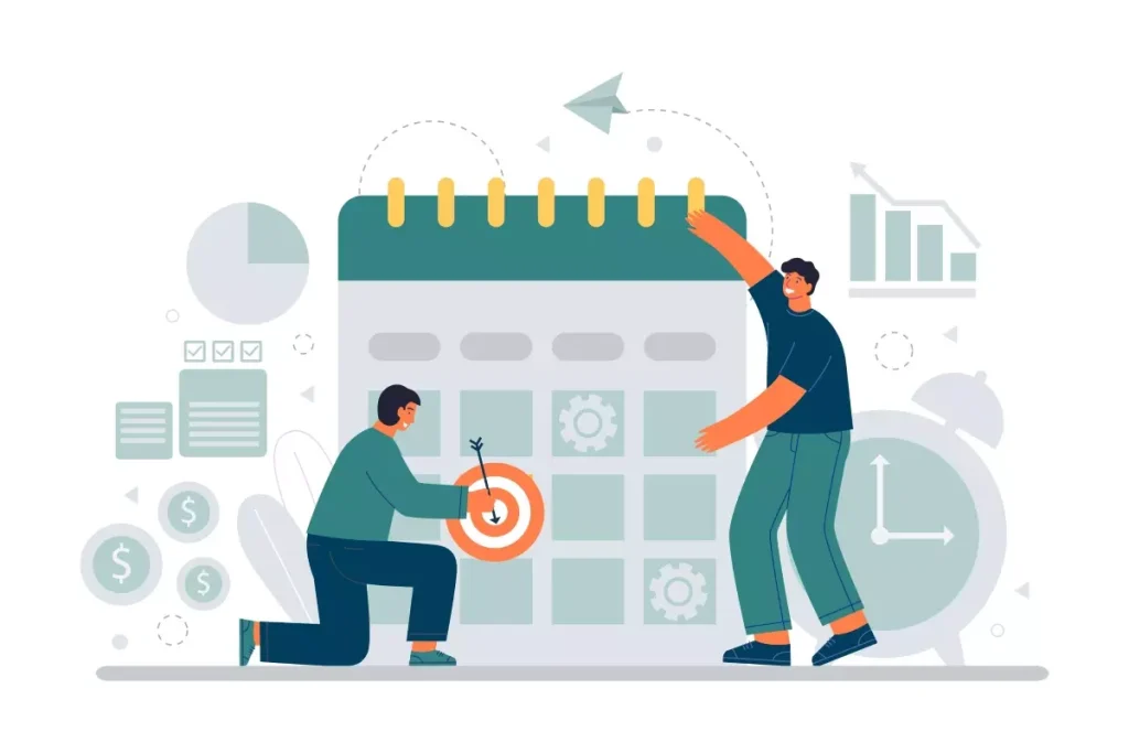 Ilustração representando a estabilidade pós-férias no contrato intermitente, com duas pessoas planejando e ajustando sua agenda profissional, sinalizando organização e foco.