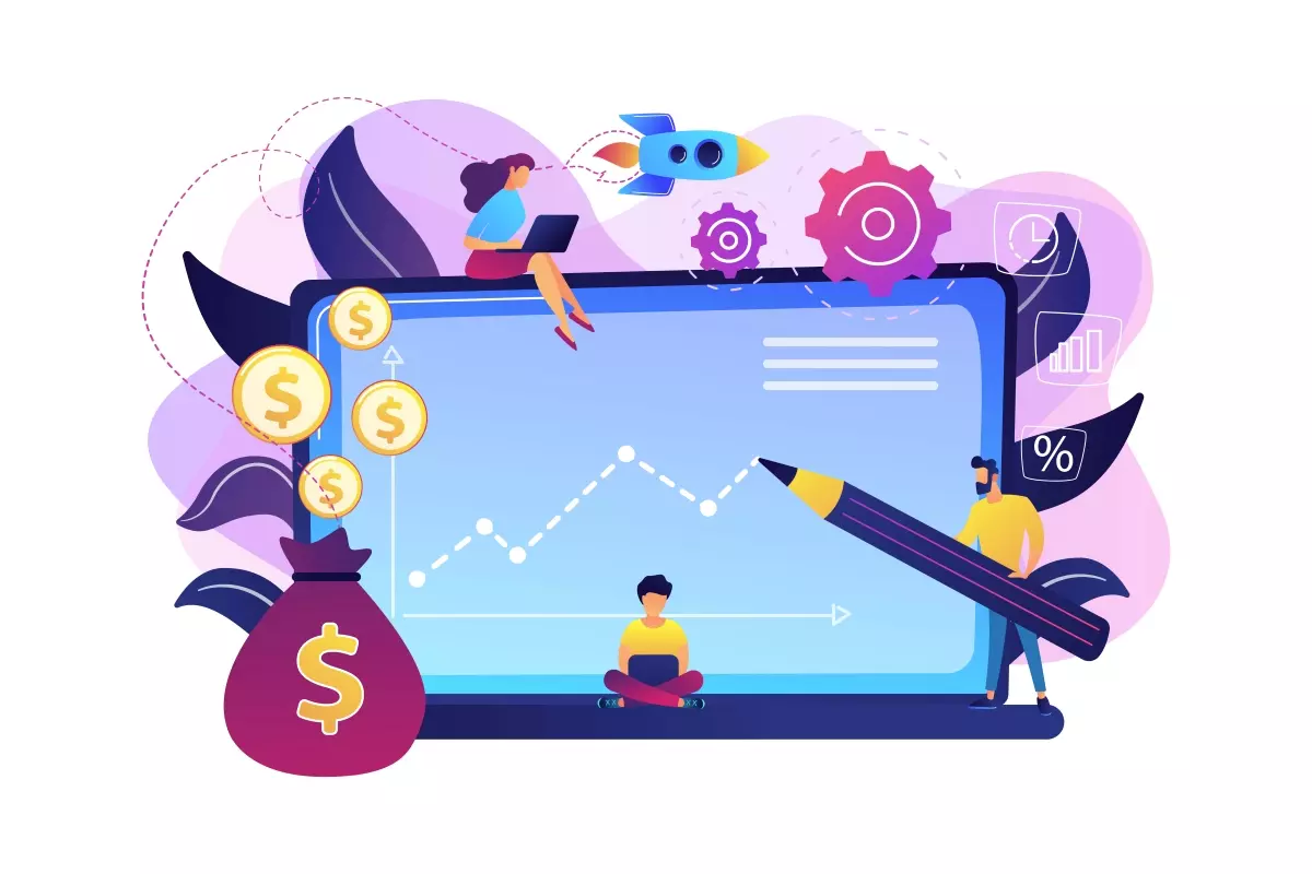 Ilustração digital explicando os custos do trabalhador intermitente, com gráficos financeiros, moedas, jovens usando laptops, simbolizando economia e trabalho flexível