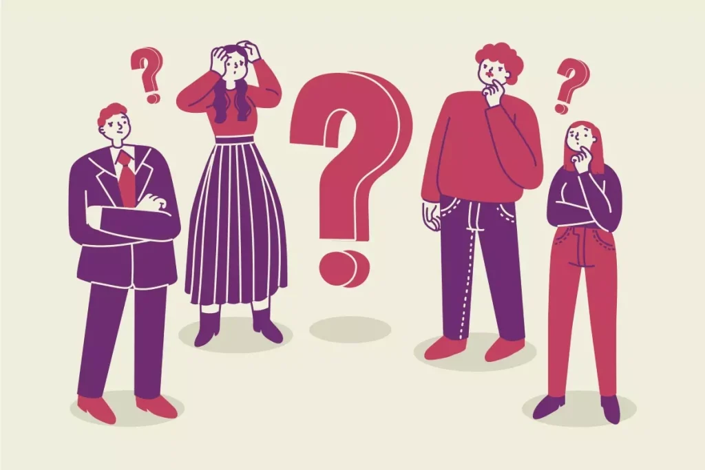 Ilustração representando a dúvida e reflexão sobre O Que é a Uberização do Trabalho, com pessoas pensativas ao redor de um grande ponto de interrogação.