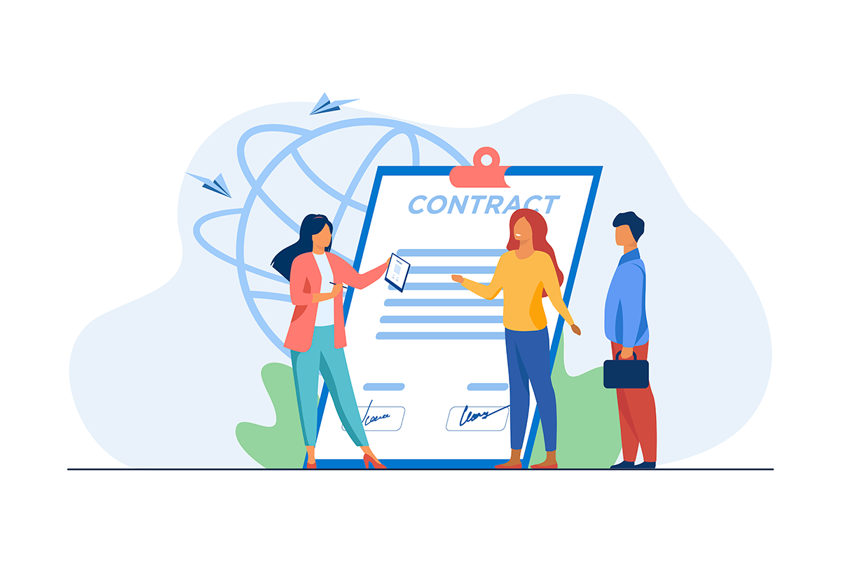 Imagem ilustrativa sobre contrato de trabalho intermitente, mostrando três pessoas assinando e revisando um documento importante, representando o processo de formalização desse tipo de contrato.