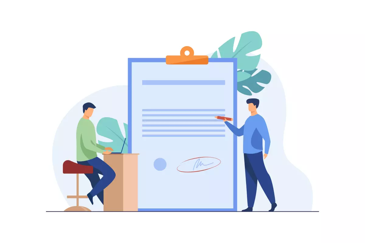 Ilustração mostrando dois profissionais analisando uma grande documentação sobre quebra de contrato intermitente, evidenciando aspectos jurídicos do tema.