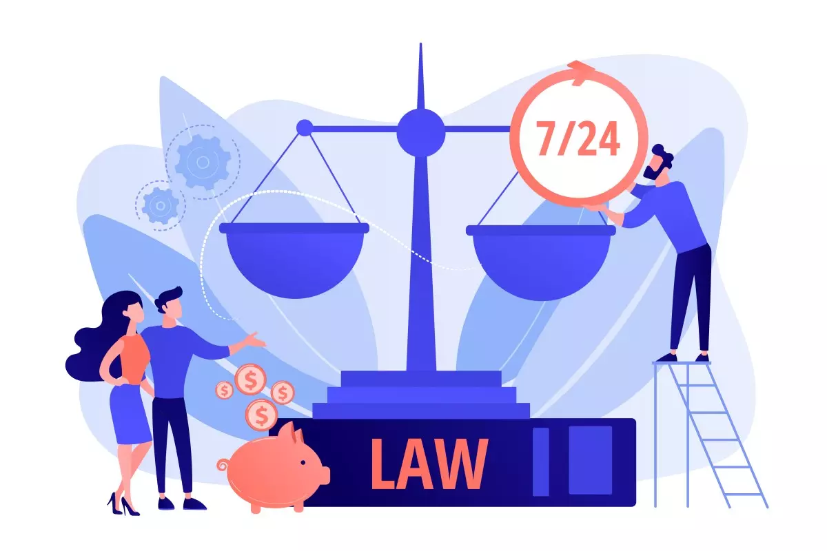 Ilustração relacionada à Reforma Trabalhista preservou direitos constitucionais, mostrando duas balanças com pessoas e símbolos que representam justiça e leis trabalhistas.