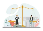 Ilustração representando o conceito de trabalho intermitente na CLT, com duas pessoas em lados opostos de uma balança, simbolizando equilíbrio e direito trabalhista.
