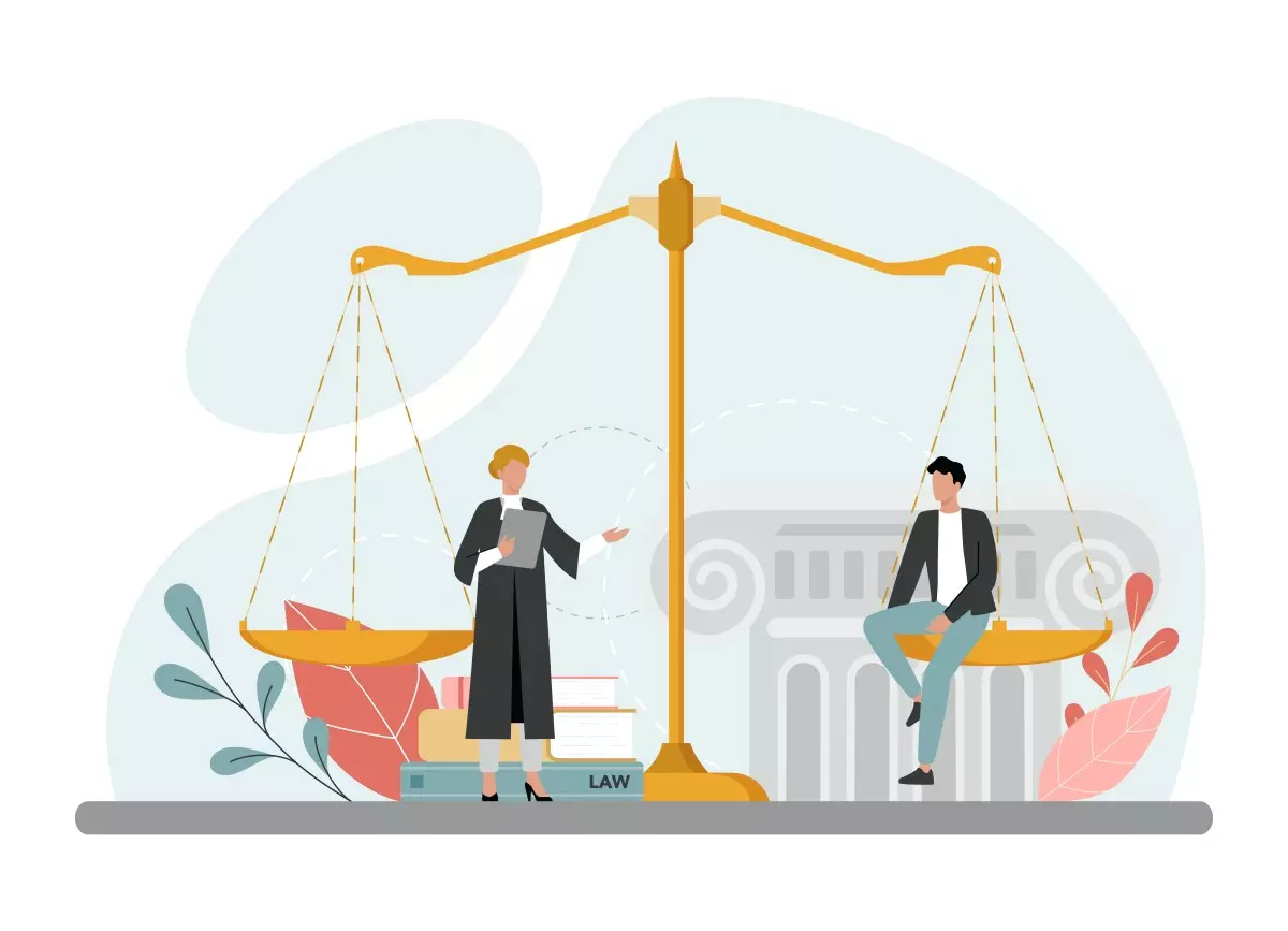 Ilustração representando o conceito de trabalho intermitente na CLT, com duas pessoas em lados opostos de uma balança, simbolizando equilíbrio e direito trabalhista.