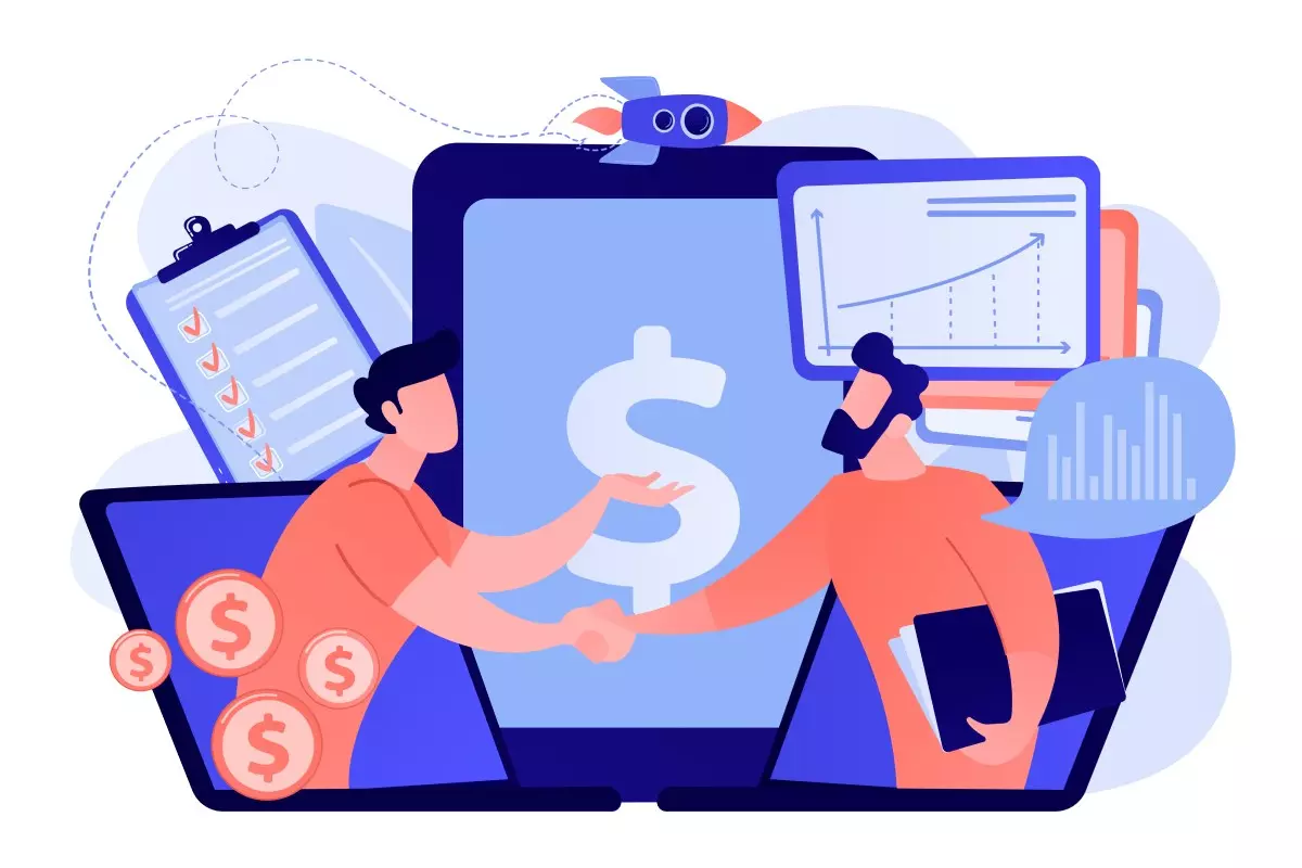 Ilustração representando trabalho intermitente para o trade marketing, com profissionais usando computadores, gráficos e dinheiro, destacando oportunidades de emprego flexível na área.