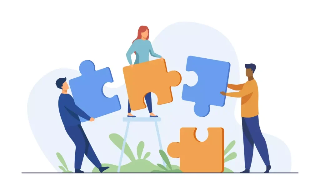 Imagem ilustrativa sobre o regime de trabalho intermitente, mostrando pessoas encaixando peças de quebra-cabeça, simbolizando a flexibilidade e interação nesse modelo de contratação.