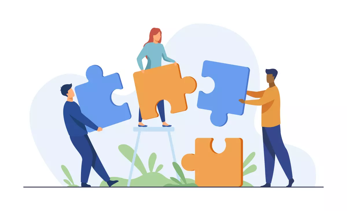 Imagem ilustrativa sobre o regime de trabalho intermitente, mostrando pessoas encaixando peças de quebra-cabeça, simbolizando a flexibilidade e interação nesse modelo de contratação.
