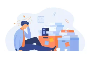 Imagem ilustrativa sobre o tema Abandono de Emprego no Trabalho Intermitente, mostrando um trabalhador cansado e frustrado rodeado de arquivos e documentos.