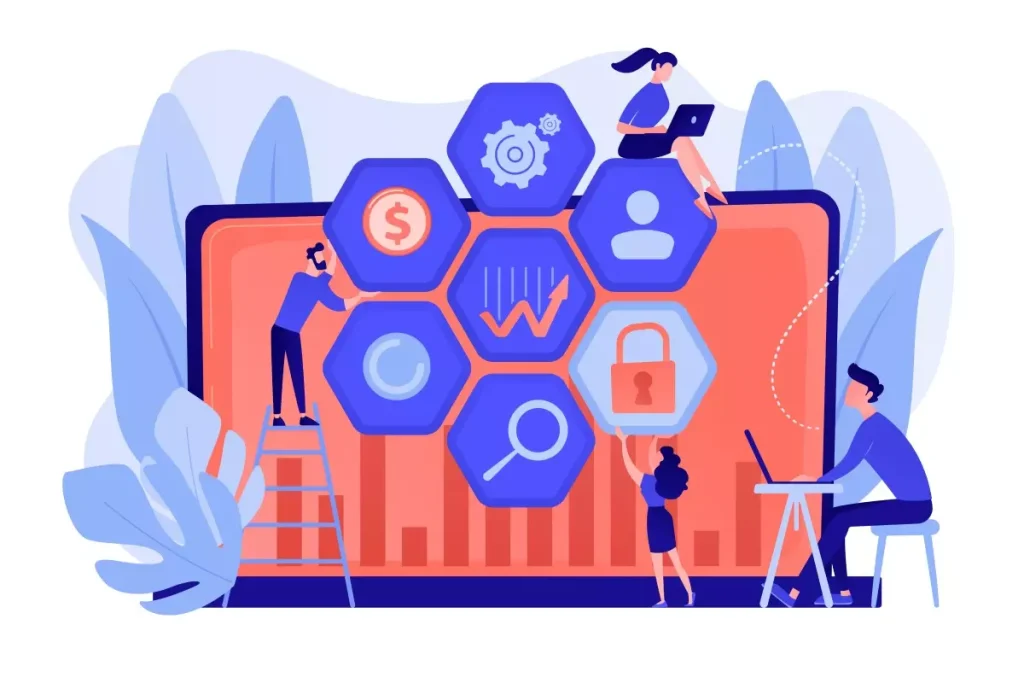 Ilustração moderna sobre gestão do trabalho intermitente, mostrando profissionais interagindo com gráficos e ícones relacionados a trabalho e tecnologia.