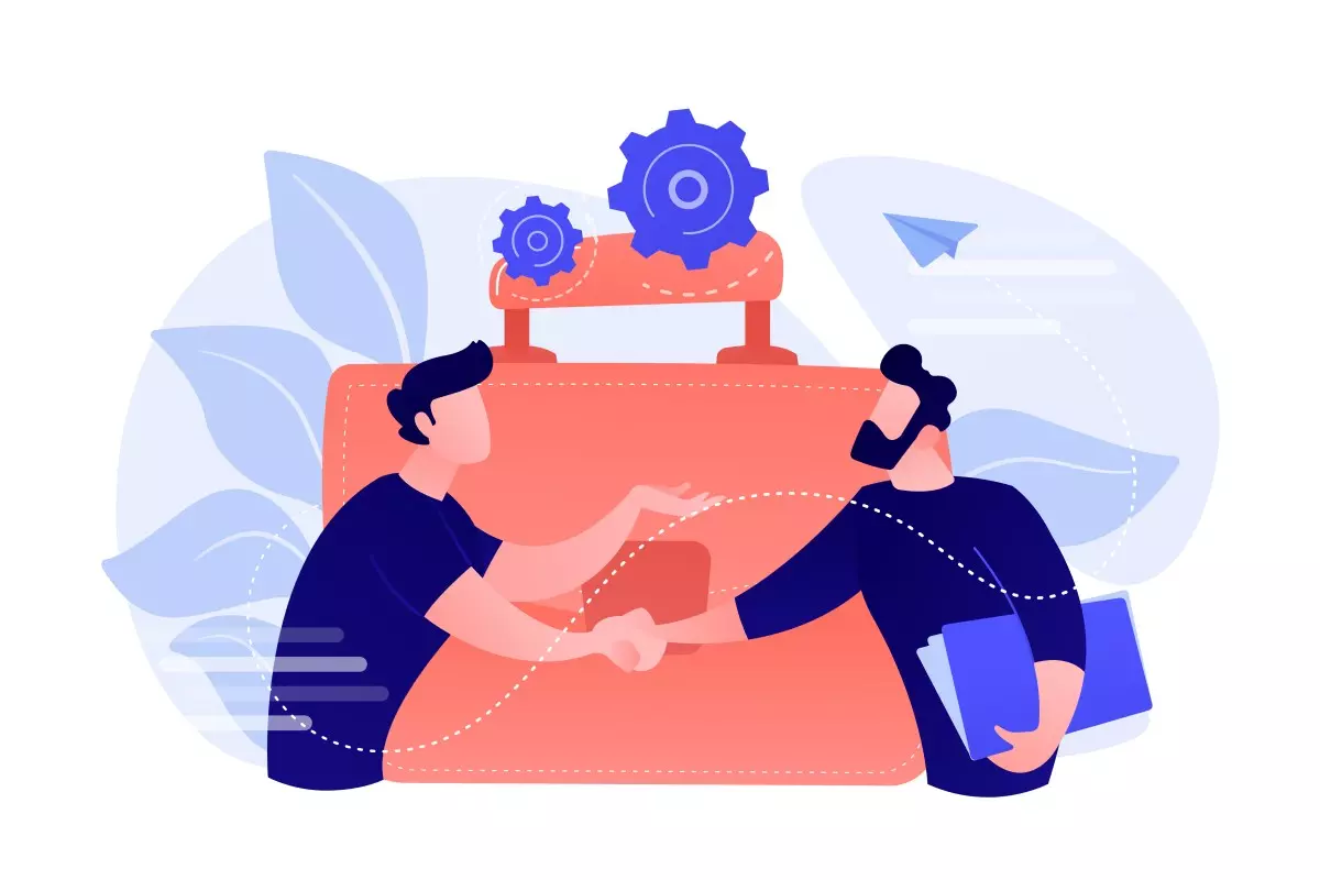 Ilustração representando a rescisão de contrato intermitente com duas pessoas trocando documentos, essência da rescisão no contrato intermitente.