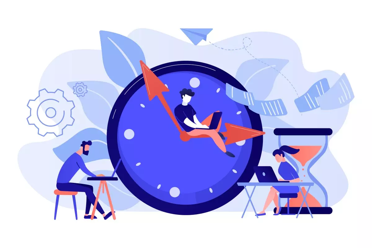 Ilustração que representa horários de trabalho flexíveis e intermitentes com personagens trabalhando em ritmo variável ao redor de um grande relógio, simbolizando o conceito de trabalho horista e intermitente.