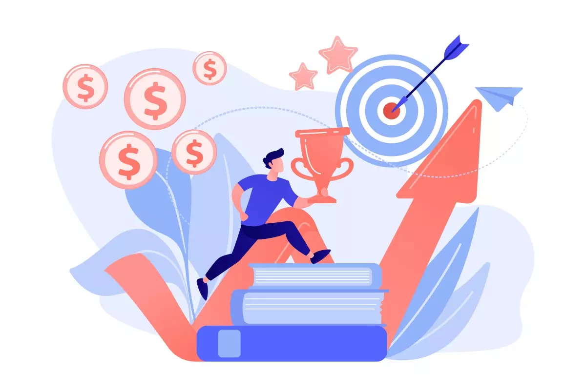 Ilustração destacando as vantagens do trabalho intermitente, com uma pessoa celebrando ao lado de símbolos de crescimento financeiro, alvo e troféu.
