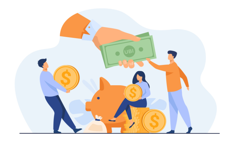 Imagem ilustrando o conceito de salário mínimo no trabalho intermitente, com pessoas segurando dinheiro, uma moeda gigante e um porquinho de poupança.