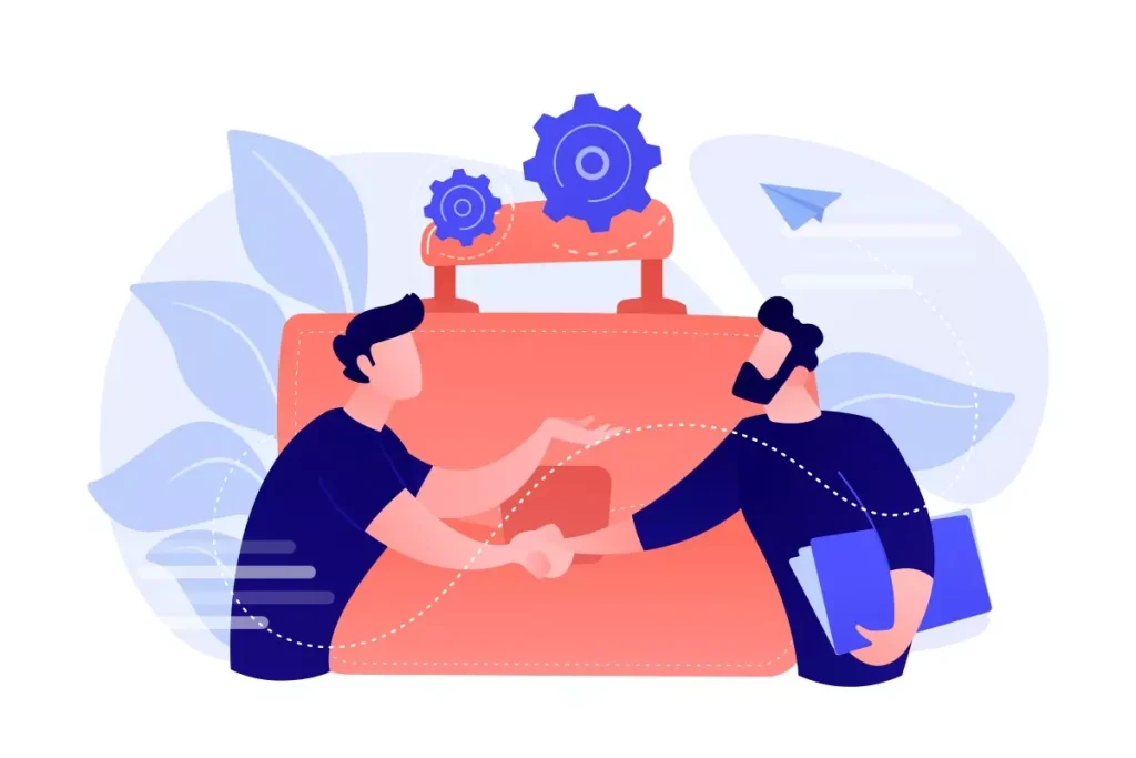 Ilustração explicativa sobre as diferenças entre Trabalho Intermitente e Freelance mostrando duas pessoas trocando ideias em frente a uma mesa com engrenagens e folhas ao fundo.