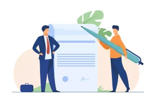 Ilustração de duas pessoas discutindo trabalho intermitente e trabalho eventual, com uma grande folha de papel ao centro, destacando oportunidades de emprego flexível no Brasil.