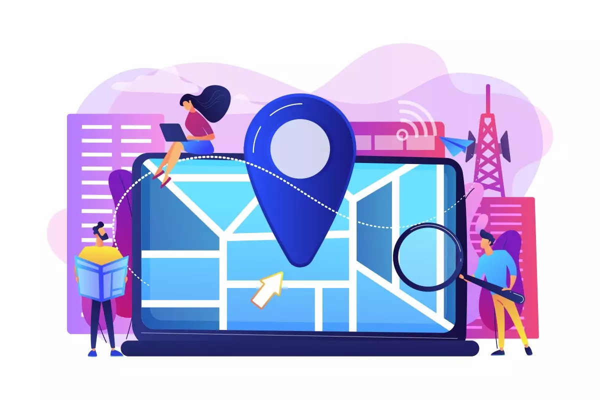Ilustração representando controle de ponto com geolocalização para intermitentes, mostrando uma pessoa utilizando um smartphone com mapa e plano de fundo urbano.