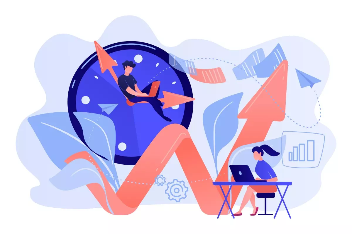 Ilustração representando a jornada de trabalho intermitente com relógio, pessoa trabalhando de forma flexível e gráficos de crescimento.