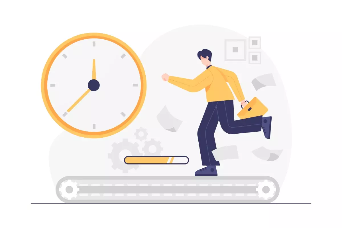 Ilustração comparando horários de trabalho de horista e intermitente, com um relógio, uma pessoa correndo e elementos de controle de tempo, símbolo das diferenças na jornada de trabalho.