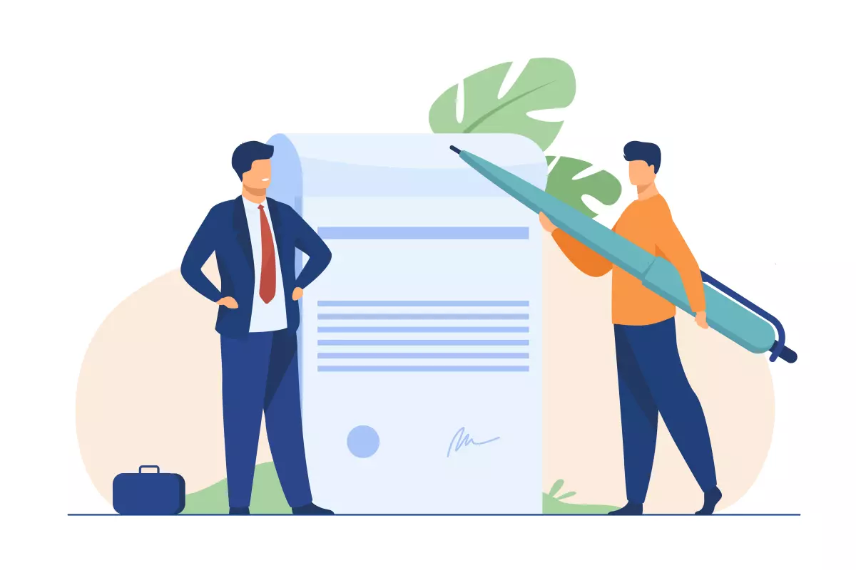 Ilustração profissional mostrando a troca ou assinatura de um contrato de trabalho, simbolizando a alteração de contrato por tempo indeterminado para intermitente, uma prática comum em recursos humanos.