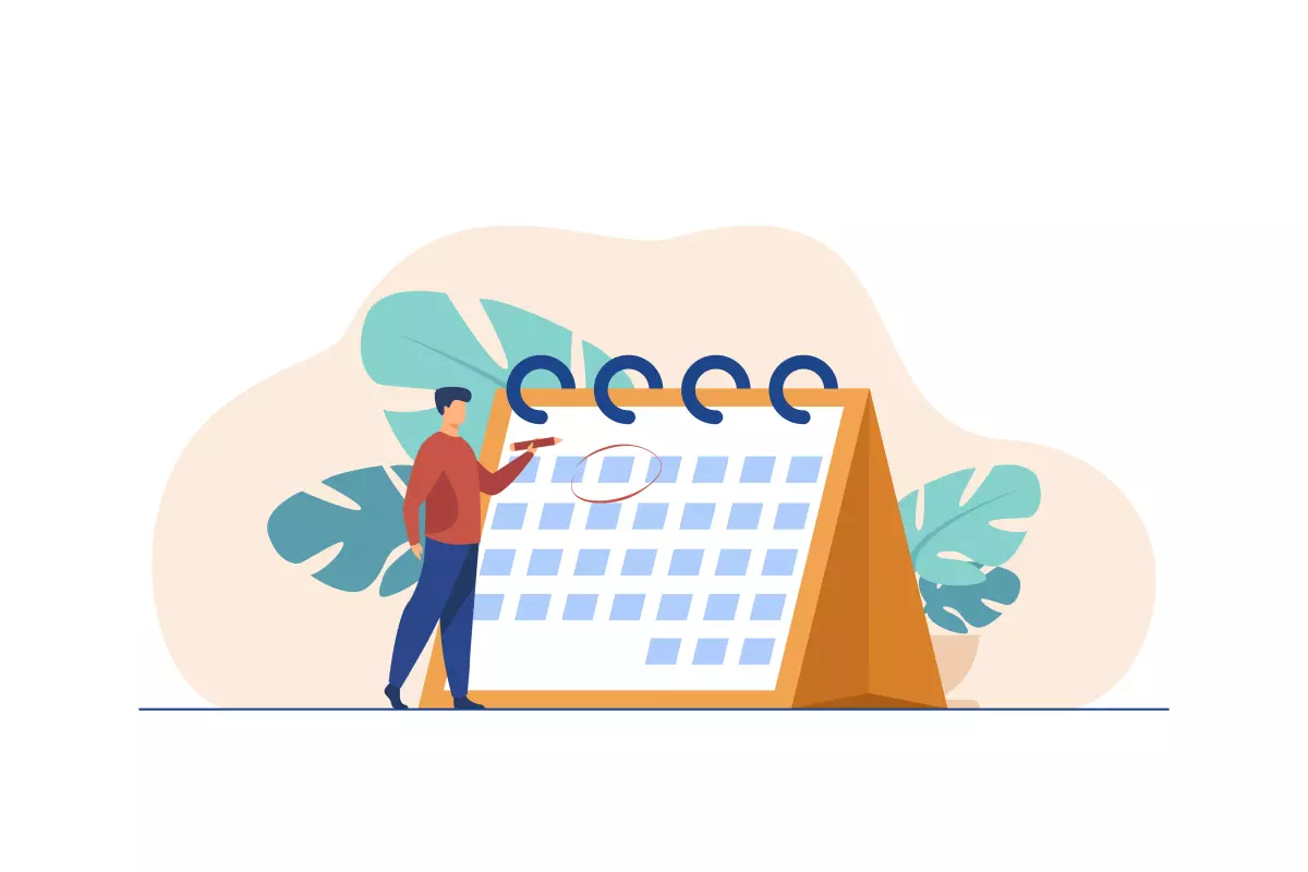 Ilustração de calendário com uma pessoa em frente, representando o cálculo do 13° salário no trabalho intermitente, destacando a importância de direitos trabalhistas.