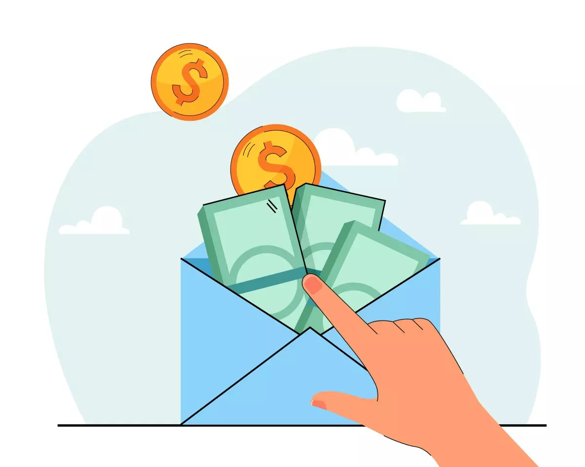 Ilustração mostra trabalhador intermitente recebendo dinheiro, destacando o direito ao Abono Salarial. Esquema visual de dinheiro saindo de uma caixa de correio.
