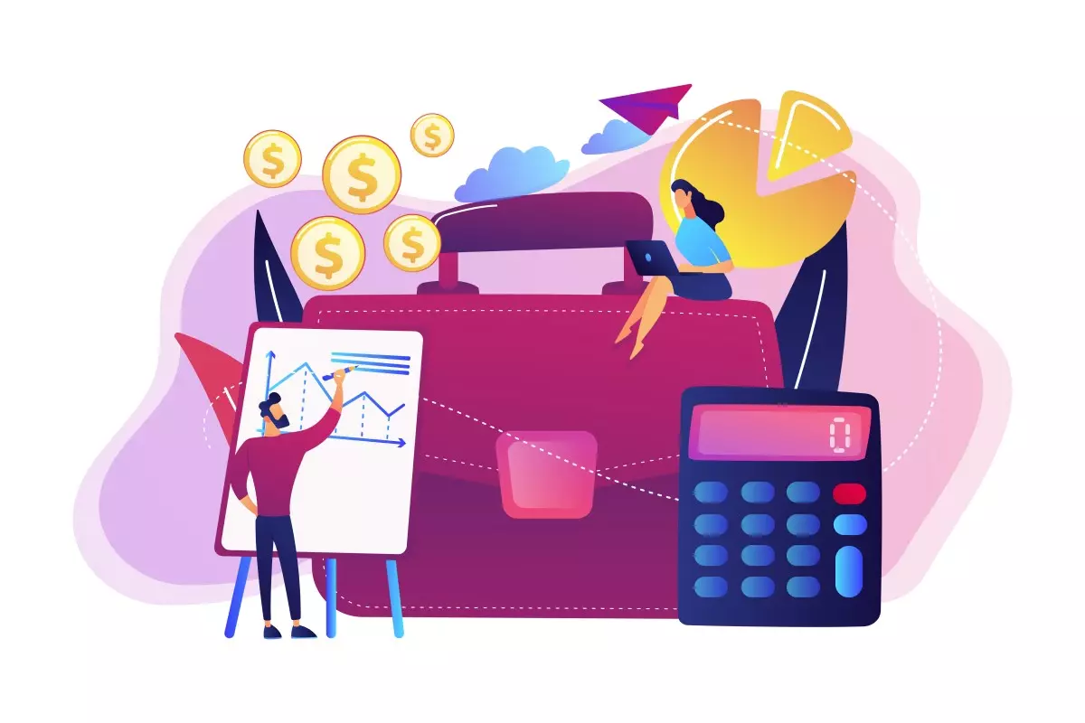 Ilustração representando estratégias de otimização de custos com mão de obra, incluindo gráficos, dinheiro e uma calculadora, facilitando a gestão financeira.