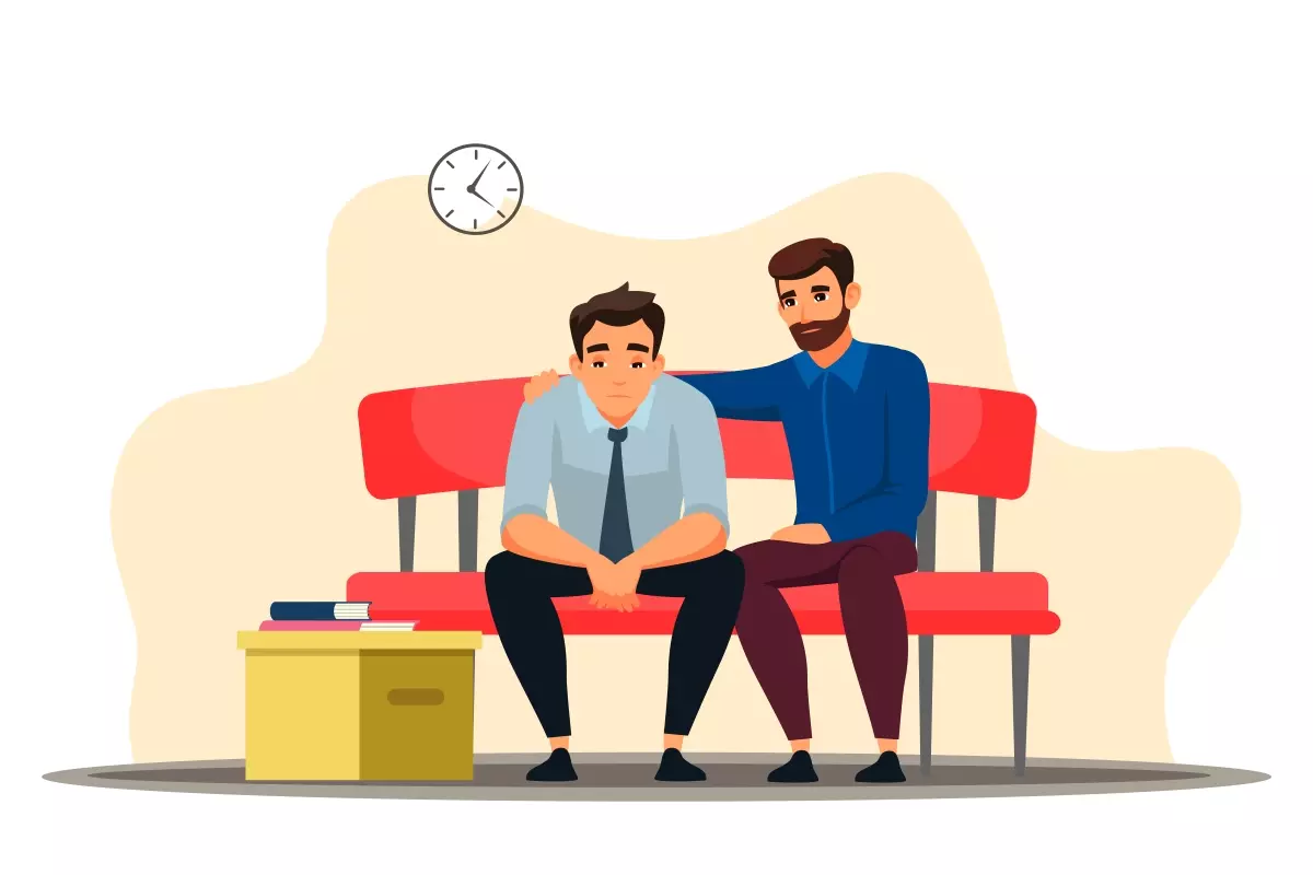 Ilustração mostrando uma entrevista para entender como é feita a rescisão do contrato intermitente, com duas pessoas sentadas em um banco de espera, uma delas aparentando estar desempregada.