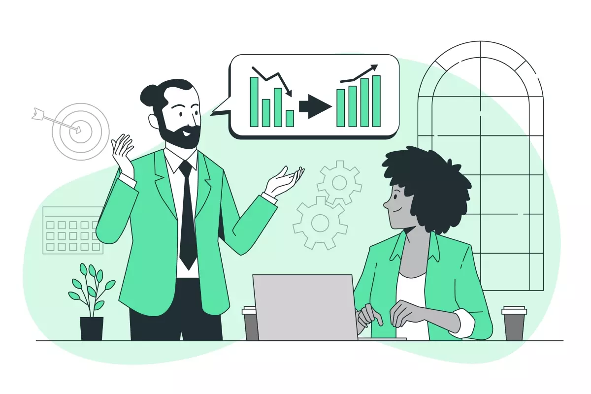 Duas pessoas discutindo estratégias de implementação do trabalho intermitente em um escritório, com gráficos de crescimento na tela ao fundo.