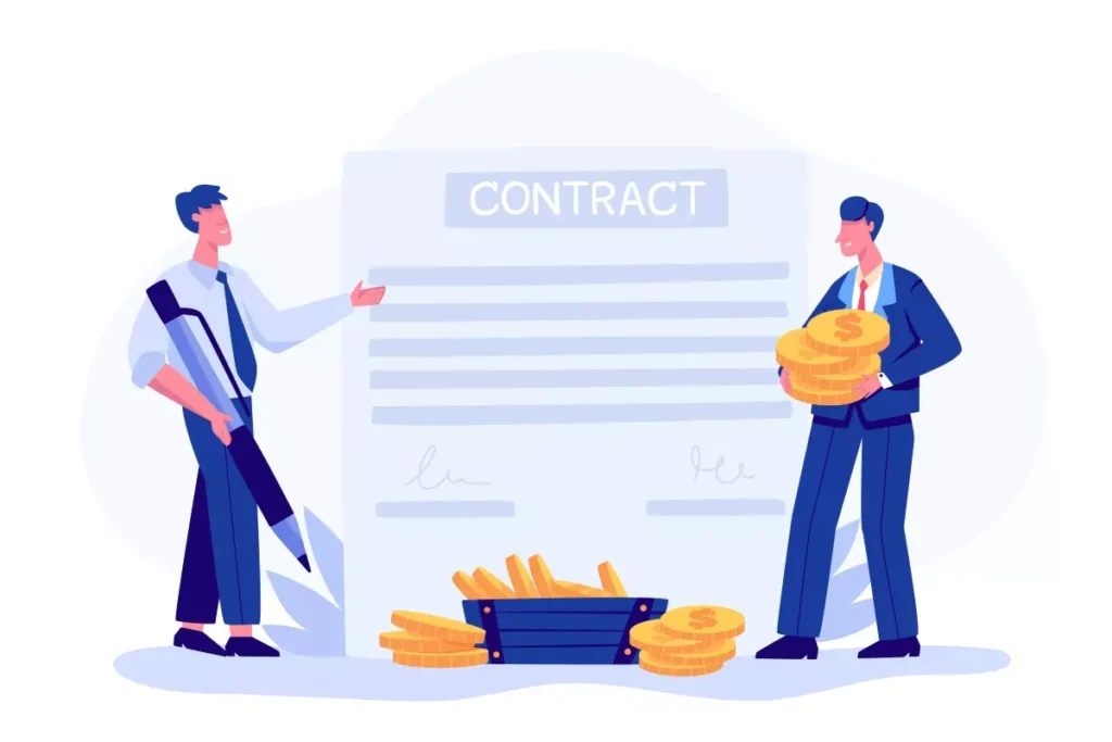 Imagem ilustrativa sobre como fazer um contrato de trabalho intermitente, com duas pessoas discutindo documentos e moedas ao redor, destacando dicas e orientações.