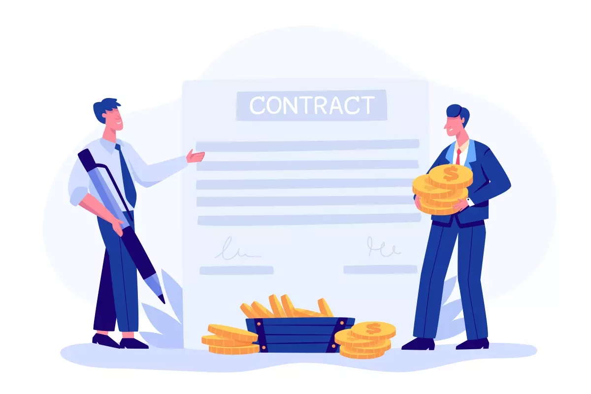 Imagem ilustrativa sobre como fazer um contrato de trabalho intermitente, com duas pessoas discutindo documentos e moedas ao redor, destacando dicas e orientações.
