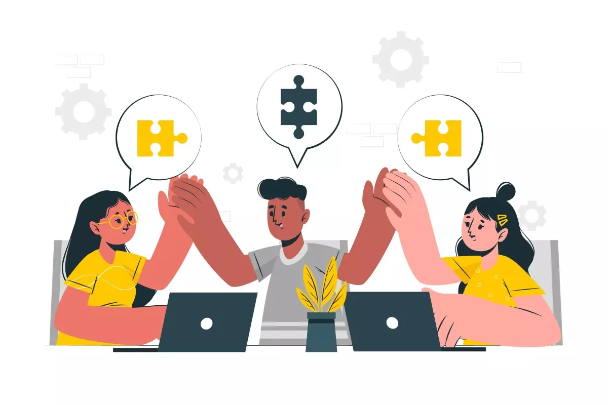 Duas pessoas discutindo sobre como funciona o trabalho intermitente, com gráficos e computadores ao fundo, mostrando um diálogo colaborativo.