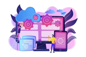 Imagem ilustrativa de uma plataforma digital para controle de trabalho intermitente, mostrando pessoas interagindo com dispositivos e gráficos de gerenciamento.