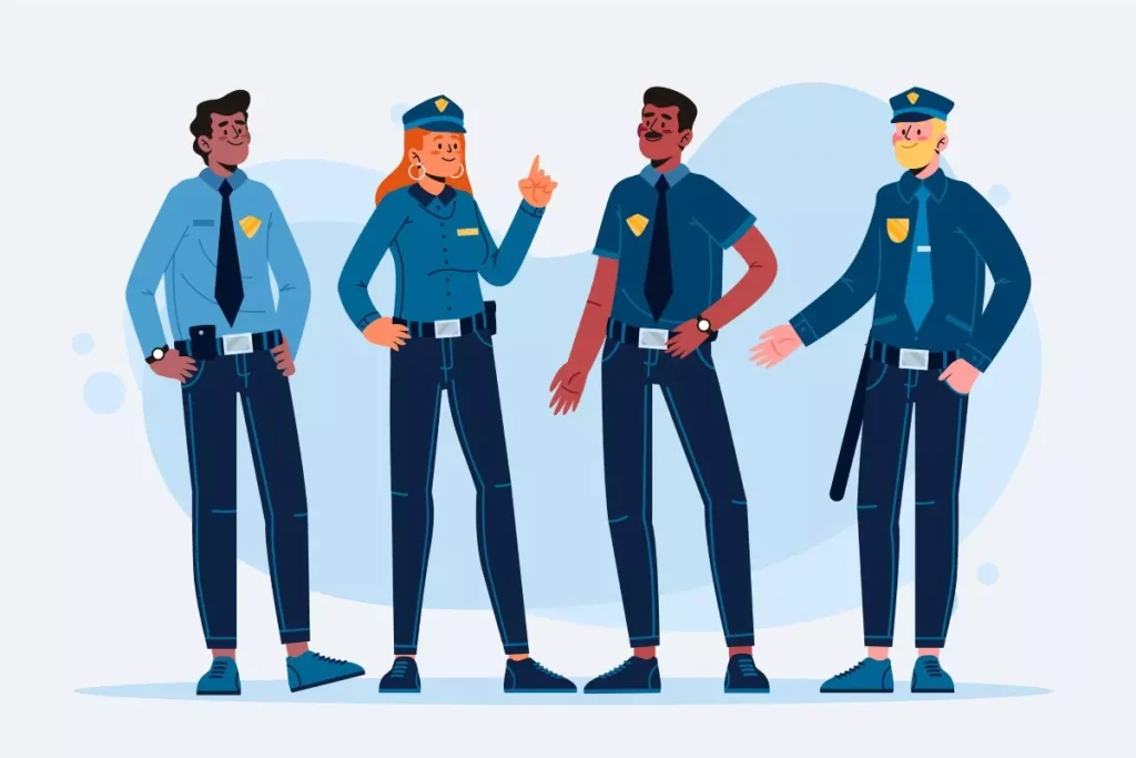 Ilustração de quatro vigilantes intermitentes usando uniforme azul, representando profissionais de segurança pública, com postura de alerta e prontidão.