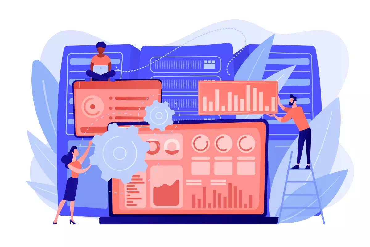 Ilustração sobre eSocial e contrato intermitente, com pessoas interagindo com telas e gráficos relacionados ao tema, destacando gestão de dados trabalhistas.